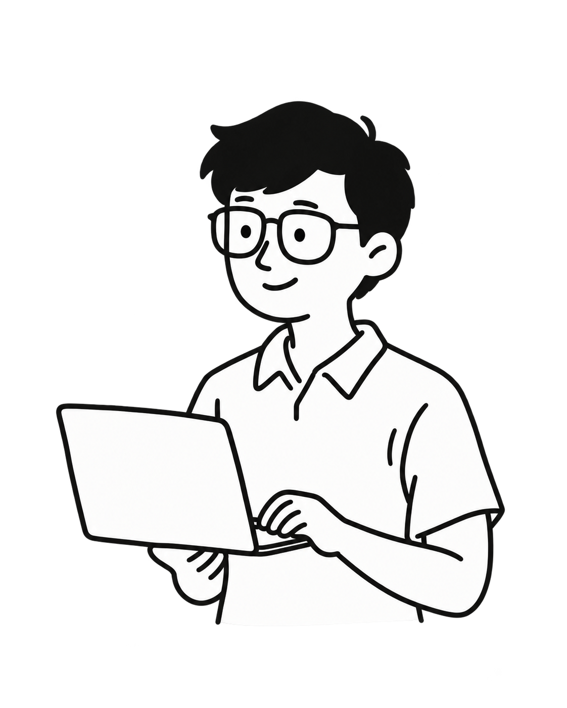 黑发、戴眼镜、手持电脑的简笔人物插图